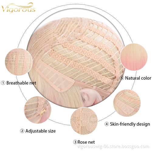 Vigorous Ombre Pink Wigs Straight Short Cosplay Costume Wigs for Women with Bangs Blonde Roots Heat Resistant Synthetic Wig